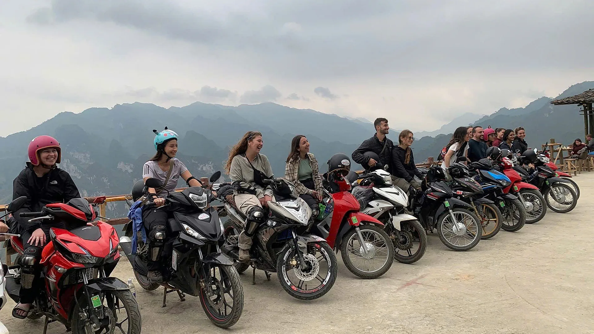 Freedom riders and guides lined up on the Ha Giang Loop