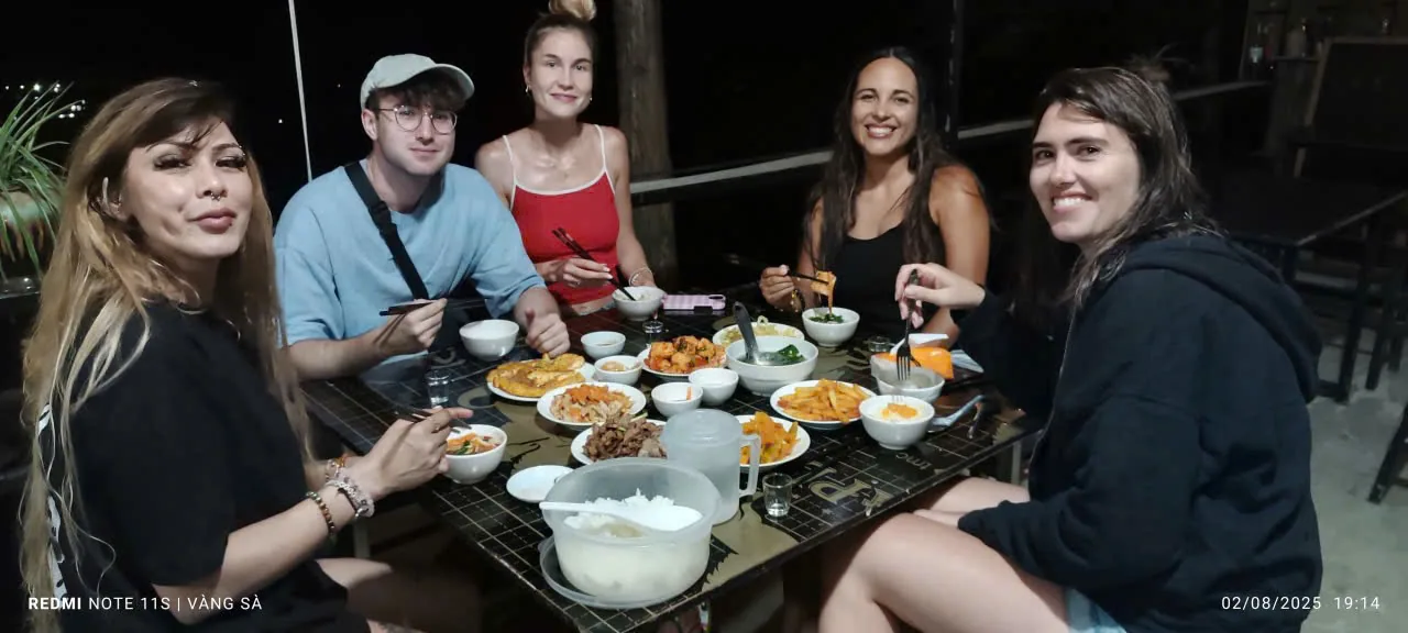 The long dinner table at a homestay